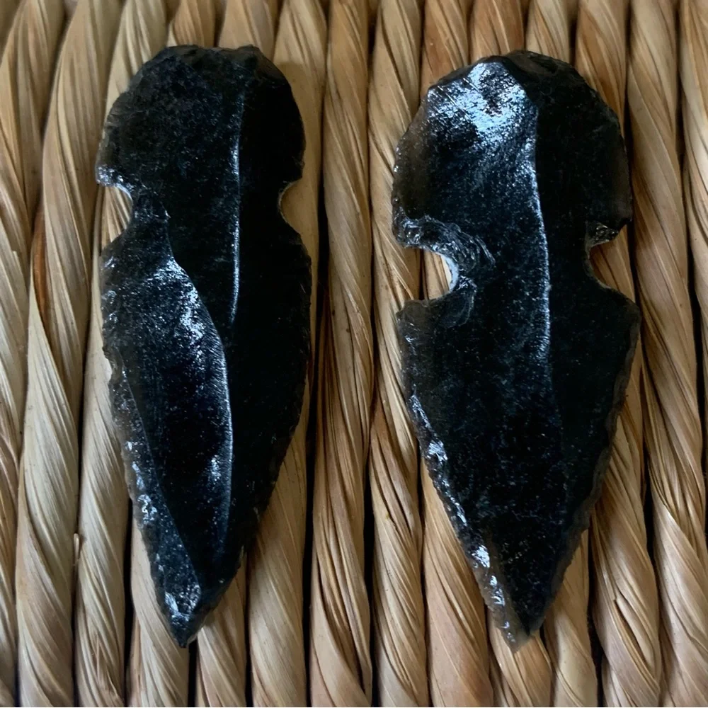 2 Black Obsidian Arrowheads Points Hand Knapped Dragon Glass Arrowhead Set 1.7